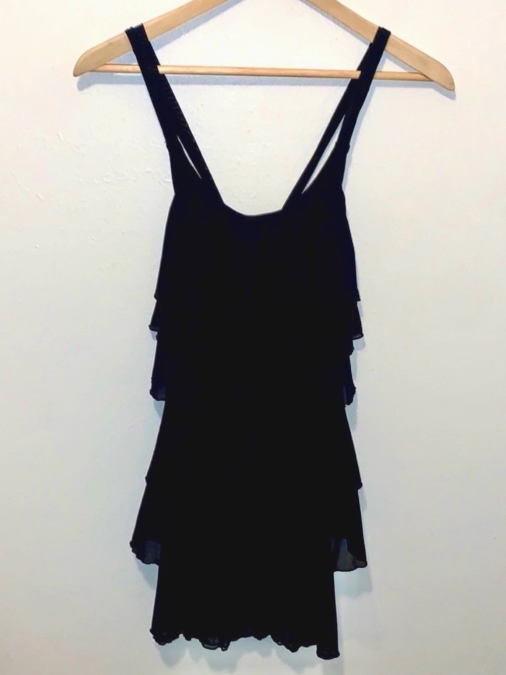 Vintage Y2K Betsey Johnson Mesh Mini Tank Dress Tiered Ruffle Black Size Small